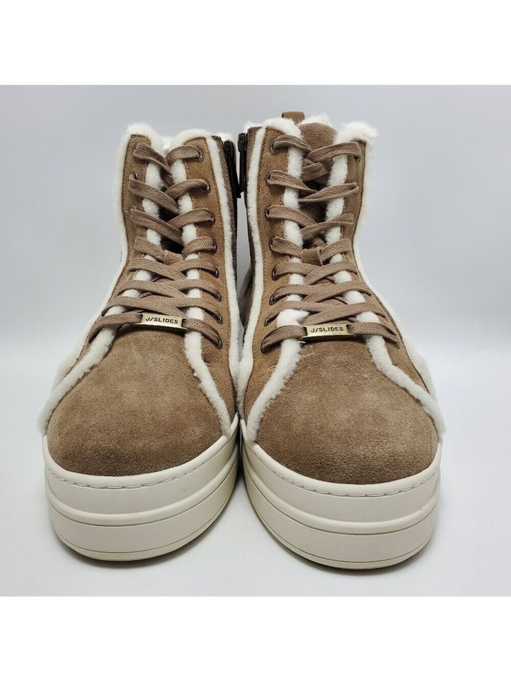 J Slides NYC Nadal Faux Fur High Top Platform Boot Sneakers Taupe Suede Size 9.5 - Picture 7 of 15